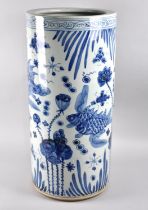 A Circular Blue and White Stick Stand Decorated with Carp and Flowers, 20.5cm Diameter and 58cm High