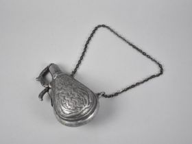 A Reproduction Cast Metal Continental Powder Flask Decorated with Eve Picking Apple , 15cm Long