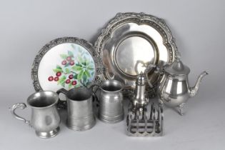 A Collection of Various Metalwares to Comprise Pewter Tankards, Silver Plated Teapot, Tray Toast