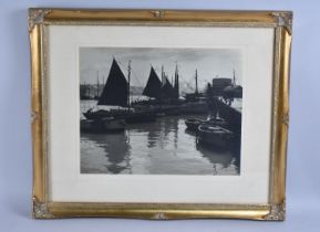 A Framed Vintage Monochrome Photograph of Fishing Barges in Harbour, 36x28cm