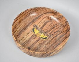 A Circular Zebrano Wood Bowl Decorated with Moth, 21cm Diameter