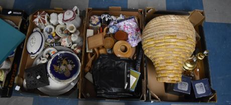 Three Boxes of Sundries to Include Ceramics, Glassware, Brass Candlestick, Treen etc
