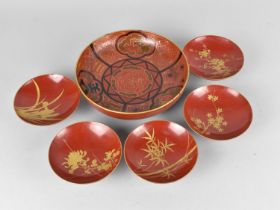A Five Japanese Red Lacquered Pedestal Dishes Together with a Bowl
