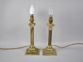 A Pair of Mid 20th Century Brass Table Lamp Bases of Corinthian Form on Stepped Square Bases, 30cm