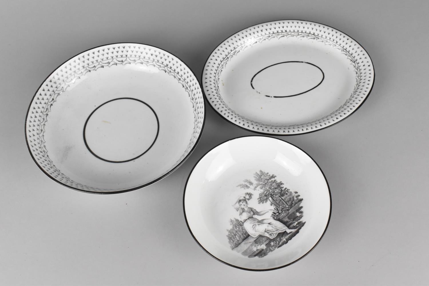 Three Pieces of 19th Century Porcelain to Comprise Black and White Dish Decorated with Seated Maiden