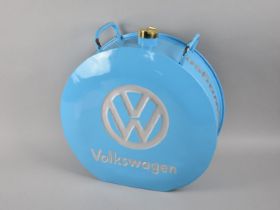 A Reproduction Blue Painted Circular Petrol Can for Volkswagen, with Brass Tap, 35cm high