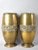 A Pair of Mid 20th Century Beldray Cylindrical Vases with Floral Band Decoration, 26.5cm High