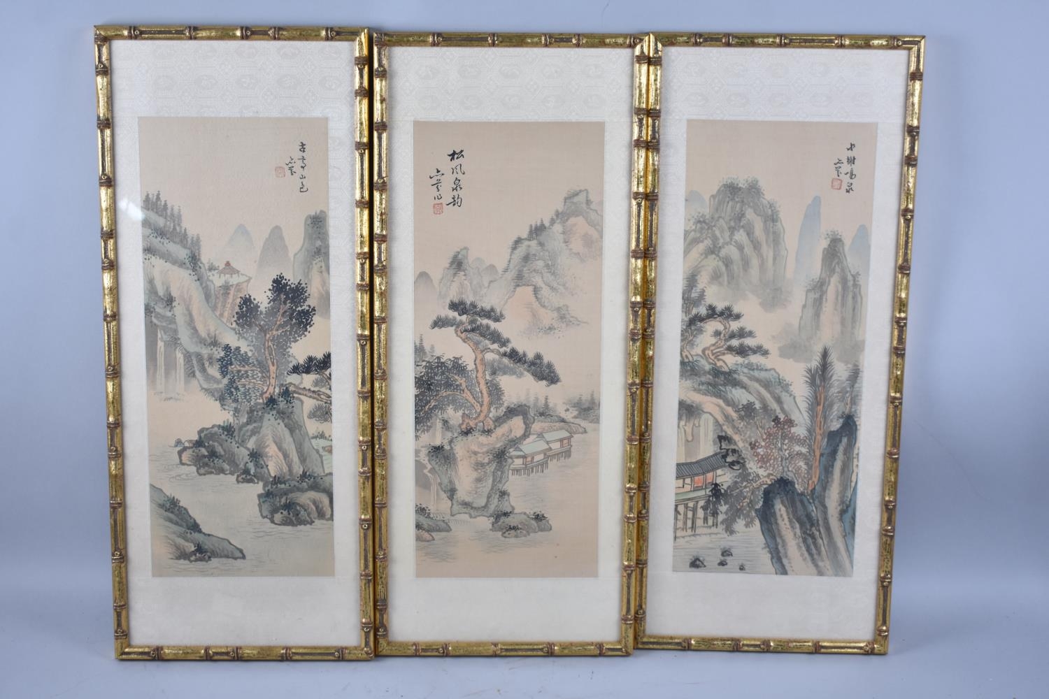 A Set of Three Bamboo Stylised Framed Chinese Paintings on Silk, Landscape Scenes, Signed and with