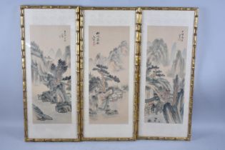 A Set of Three Bamboo Stylised Framed Chinese Paintings on Silk, Landscape Scenes, Signed and with