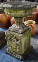 A Reconstituted Stone Garden Urn of Classical Form Set of Square Plinth Base with Shield Motif in