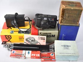 A Collection of Various Vintage Cameras, Tripod, Empty Camera Boxes etc