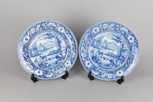 A Pair of 19th Century Blue and White Transfer Printed Plates, Rural Estate with Fishermen,