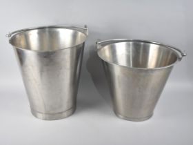 Two Modern Stainless Graduated Buckets, 32cm Diameter