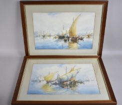 A Pair of Framed Italian Watercolours Depicting Fishing Boats and Gondolas at Venice Signed Perucio,