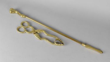 A Brass Lion Mask Handled Long Armed Poker, 59cm Long Together with a Pair of Brass Tongs