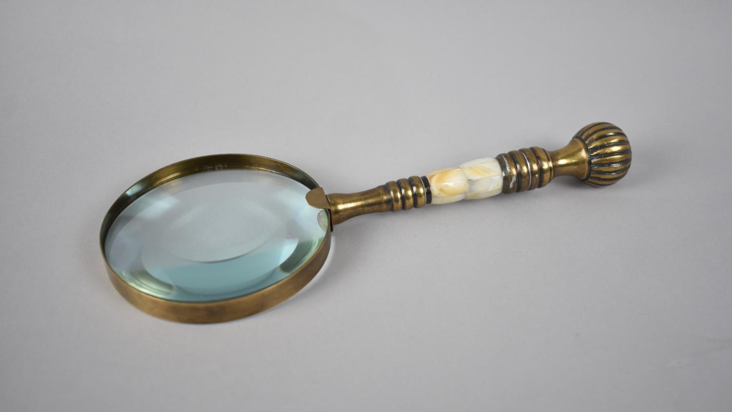 A Modern Brass and Mother of Pearl Handled Desktop Magnifying Glass, 25.5cm Long