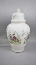 A Modern Opaque Oriental Table Lamp in the Form of a Lidded Vase Decorated with Figures in Garden,