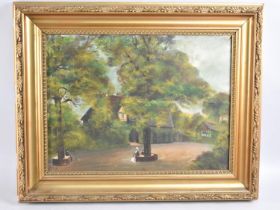 A Gilt Framed Naive Oil on Canvas Depicting Park Scene, 40x30cm