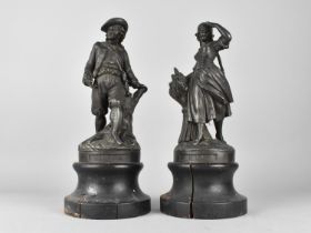 A Pair of Patinated French Spelter Figures on Turned Wooden Socles, 33cm High