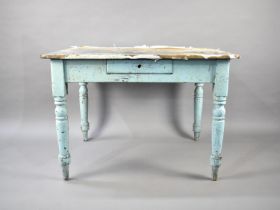 A 19th Century Three Planked Scrub Top Scullery Side Table on Blue Painted Turned Supports, Single