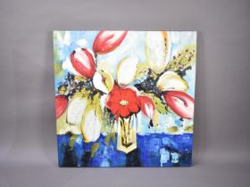 A Large Mounted but Unframed Oil on Canvas, Still Life, Flowers, 100cm Square