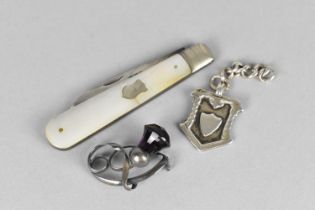 A Silver Bladed and Mother of Pearl Fruit Knife (Condition Issues) Together with a Silver Fob and