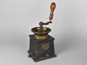 A Vintage Brass Mounted Cast Iron Coffee Grinder with Base Drawer, Wooden Handle AF