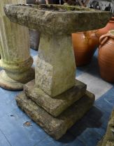 A Reconstituted Stone Garden Bird Bath On Stepped Square Base, 66cm high