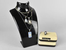 Three Silver Mounted Wedgwood Jasperware Pendants on Chains Together with a Ring