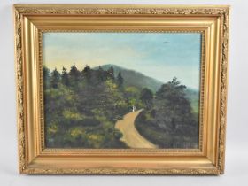 A Gilt Framed Naive Oil on Canvas Depicting Figures on Wooded Lane, Subject 40x30cm