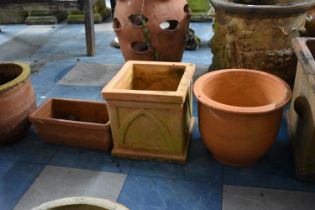 Three Terracotta Planters, Various Shapes and Sizes, Square Example 27cm high