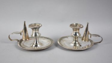 A Pair of Mid 20th Century Silver Plated Bedchamber Sticks with Snuffers, Circular Tray Bases,