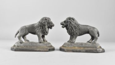 A Pair of Early 20th Century Silver Plated Britannia Metal Lions by James Deakin on Oval Plinths,
