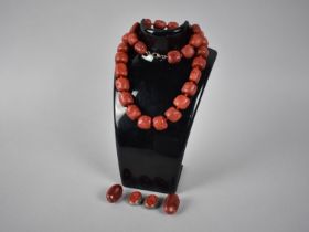 A Red Bead Necklace Together with Pair of Chinese Cinnabar Lacquer and White Metal Mounted