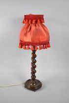 An Edwardian Oak Barley Twist Table Lamp on Circular Base Complete with Shade, Overall Height 55cms
