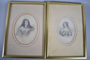 A Pair of Early/Mid 19th Century Oval Pencil Sketches of Continental Maidens by HO Collins, One
