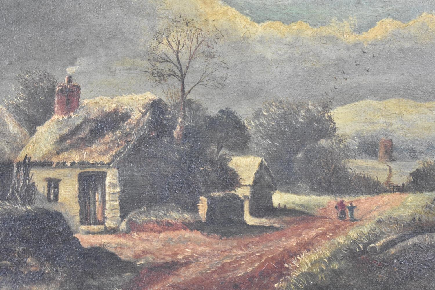 A Gilt Framed 19th Century Oil on Canvas, Thatched Cottage in Winter Landscape, 21x13cms - Image 2 of 2