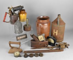 A Collection of Vintage Items to Comprise Burner, Copper 'Surgery' Sign, Stoneware Jars, Oil Can