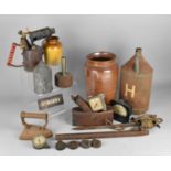 A Collection of Vintage Items to Comprise Burner, Copper 'Surgery' Sign, Stoneware Jars, Oil Can