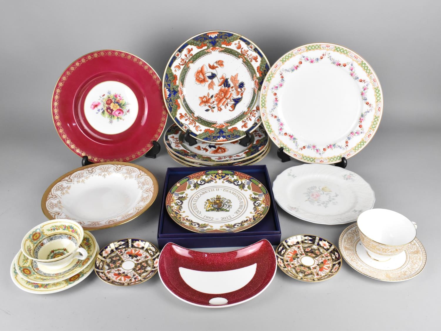A Collection of Various Ceramics to Comprise Spode Plates, Crown Derby Imari Coffee Can Saucers,