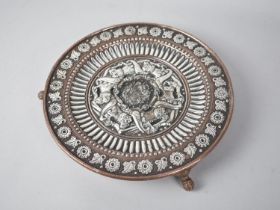 An Indian Silver Copper Circular Plate on Three Claw Feet, Decorated with Leaves and Flowers, Centre