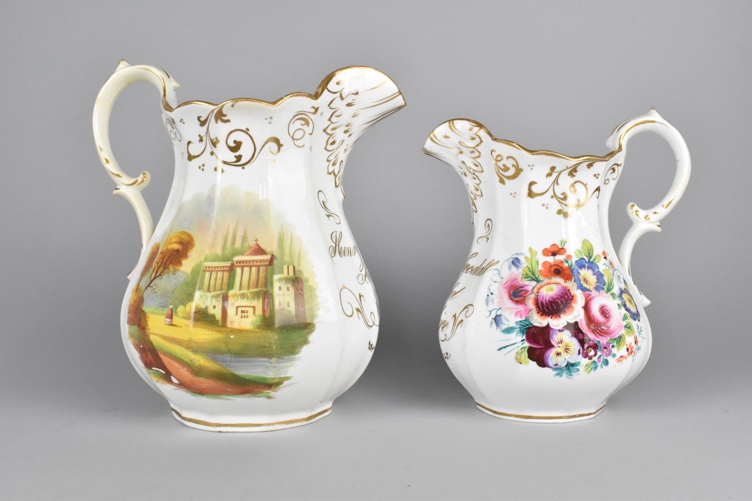 Two 19th Century Jugs Both Hand Painted with Flowers and Classical Ruins, Inscribed in Gilt 'Henry