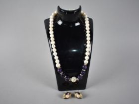 An Equilibrium Genuine Freshwater Pearl, Purple and Jewelled Bead Necklace Together with a Pair of