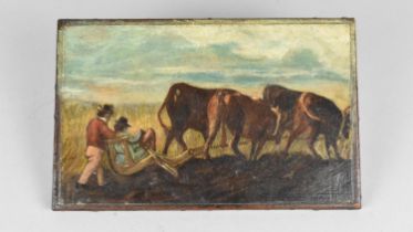 An Unframed but Mounted 19th Century Continental Oil on Canvas Depicting Cattle Ploughing with