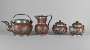 A Chinese Four Piece Yixing Pewter Mounted Tea Service to Comprise Hot Water Pot, Teapot, Smaller