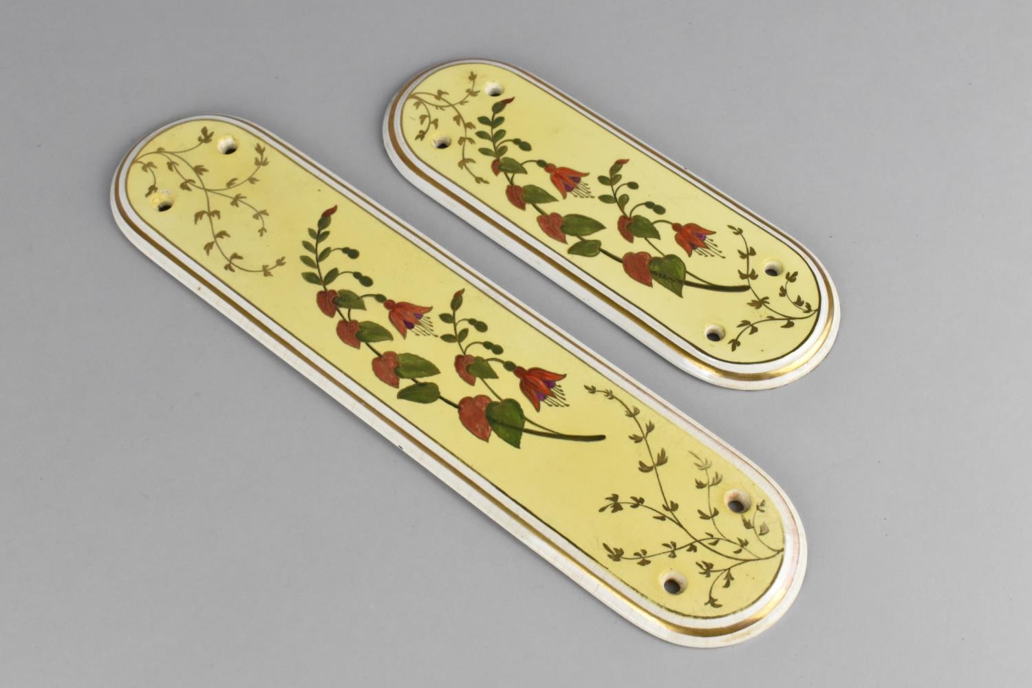 Two Edwardian Ceramic Door Finger Plates Decorated with Flowers on Yellow Ground, Lozenge Marks to