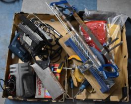 A Collection of Various Tools to include Mitre Saw, Extension Lamp, Electric Drill, Screw Drivers