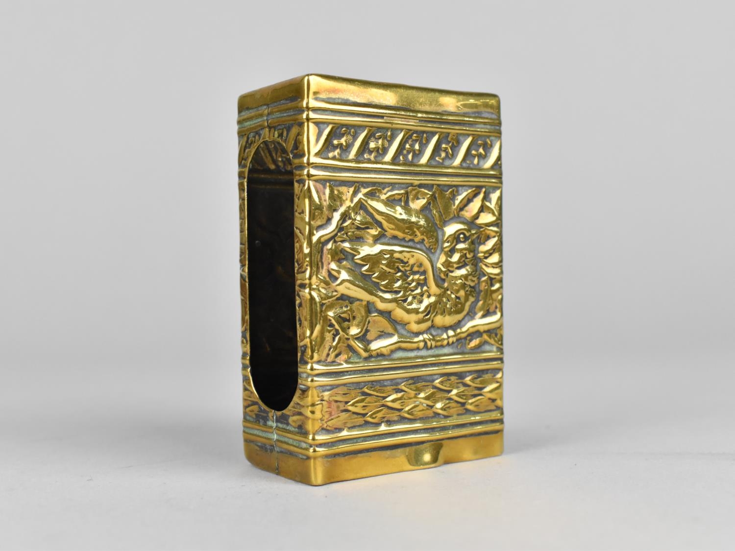 A Late Victorian Brass Matchbox Holder, Decorated in Relief with Birds, 7.75cms Long