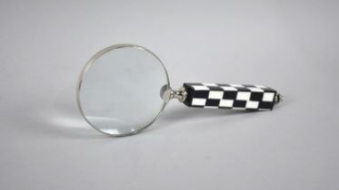 A Modern Chrome Framed Desktop Magnifying Glass with Chequered Handle, 27cms Long