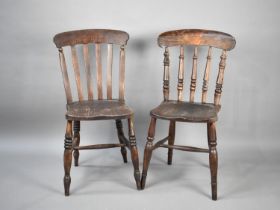 Two Late 19th Century Elm Seated Kitchen Dining Chairs